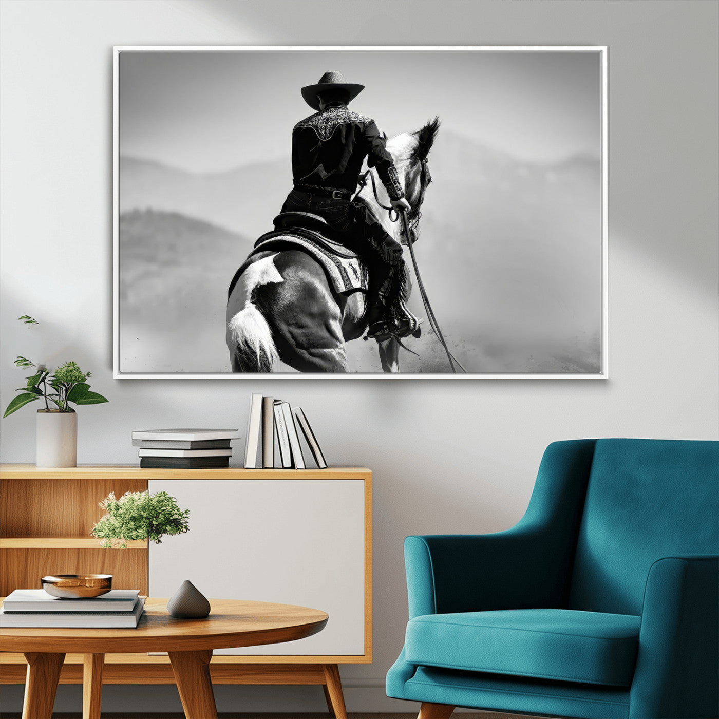 Black and white canvas of a cowboy on horseback with moody tones, perfect for rustic western or country-inspired home decor.