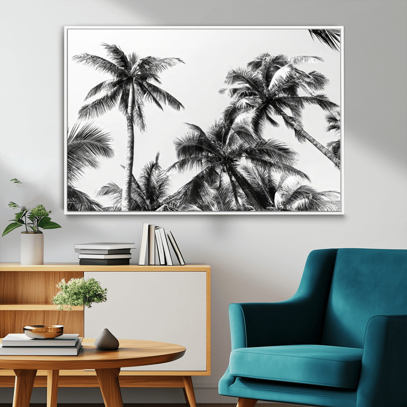 Black and white canvas of tall palm trees in moody tones, perfect for modern tropical minimalist or coastal-style home decor.