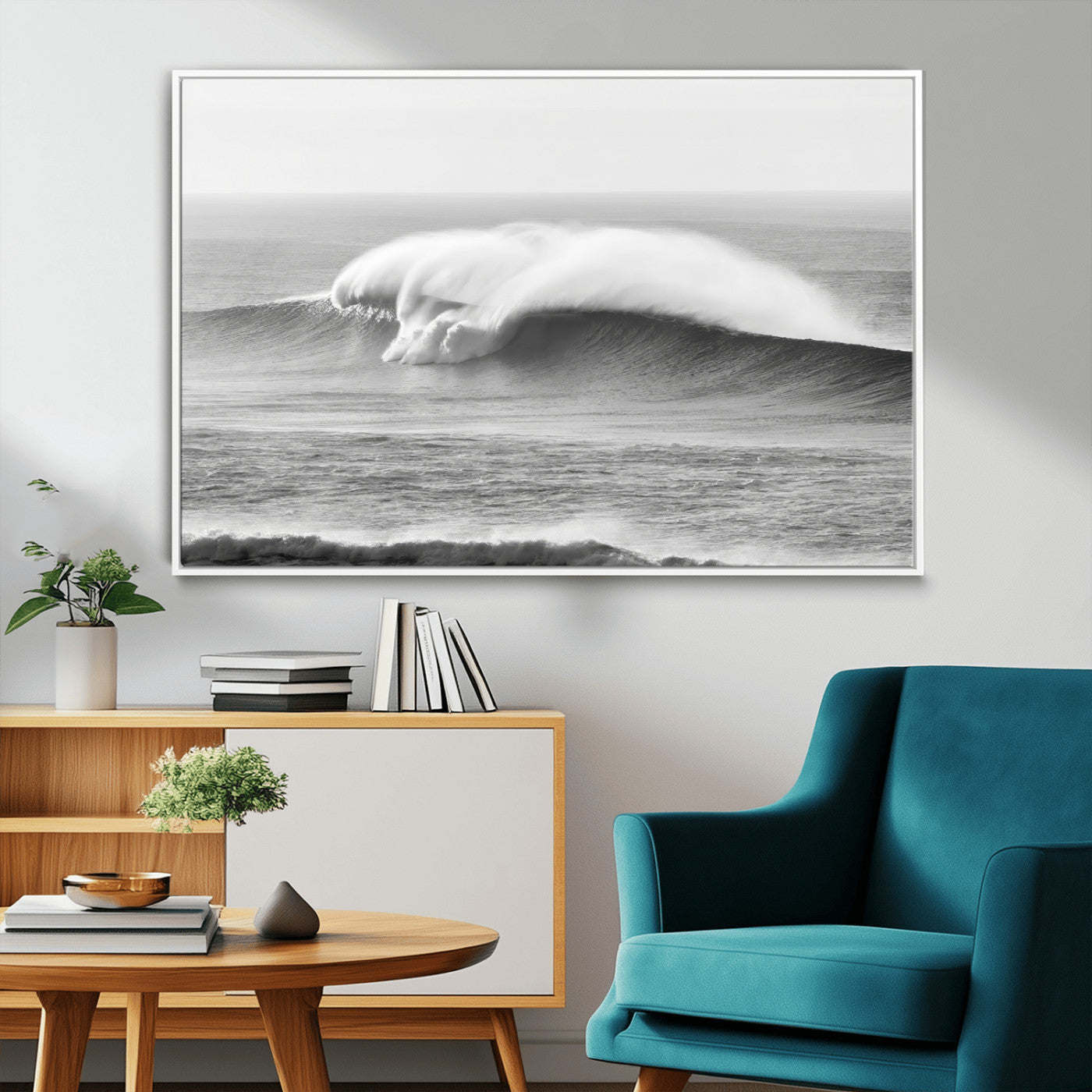 A dramatic black and white ocean wave crashing with immense force, capturing the raw power and movement of the sea in a bold seascape.