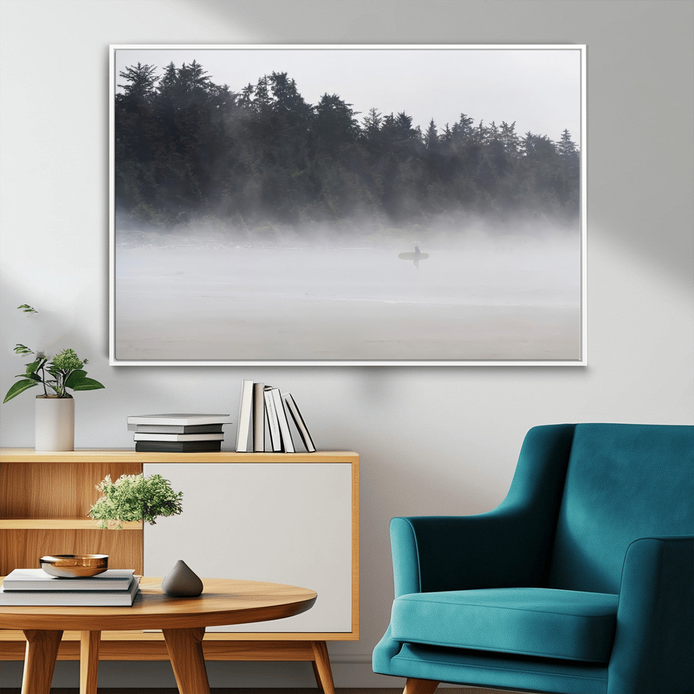 A lone surfer carrying a board through a misty shoreline, surrounded by dense trees and fog, creating a peaceful and mysterious coastal scene.