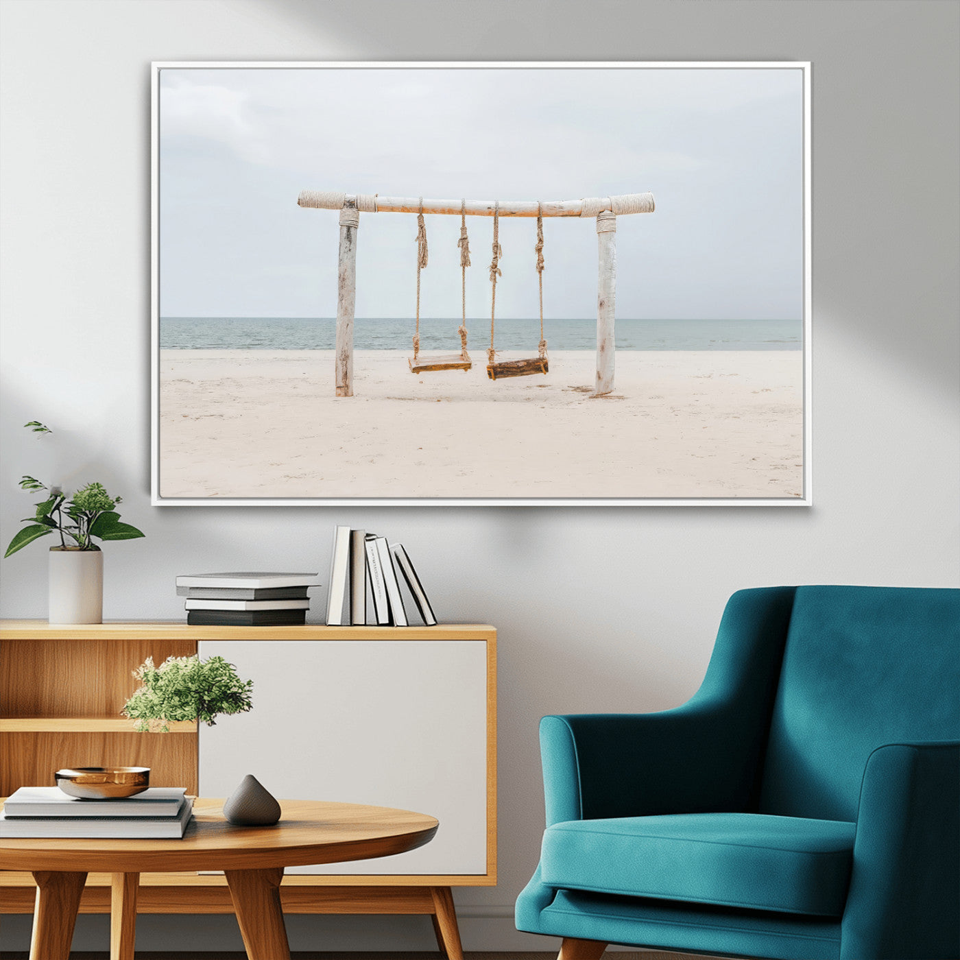 A rustic wooden beach swing stands on a serene sandy shore with an ocean horizon in the background, creating a tranquil and dreamy coastal escape.