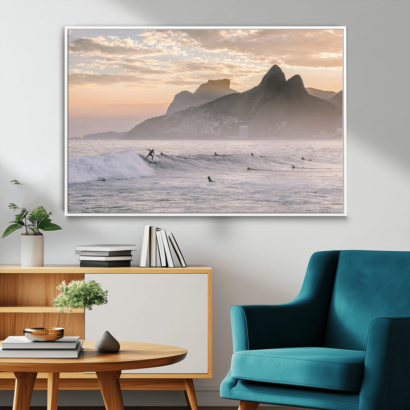 A surfer rides a golden hour wave near misty coastal mountains, surrounded by fellow surfers, capturing the spirit of a coastal adventure.