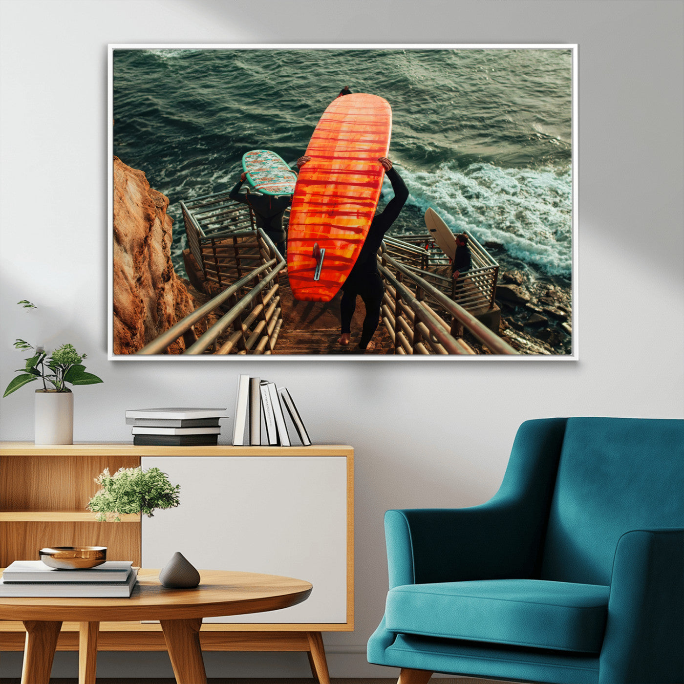 A surfer carrying a bold orange surfboard down a rugged staircase toward the ocean, bathed in golden hour light, capturing the energy of coastal adventure.