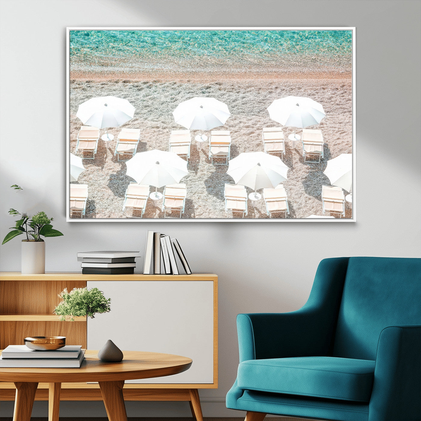 A bright beach scene with white umbrellas, pastel sand, and turquoise waters, creating a tranquil coastal vibe, perfect for beach house or summer decor.