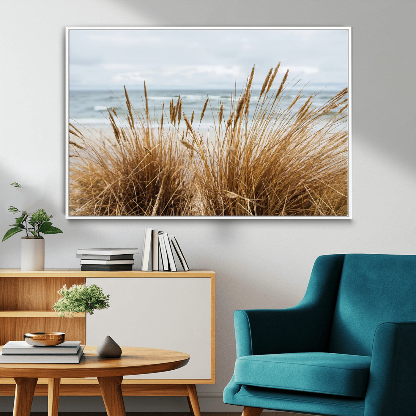Canvas of golden beach grass swaying by the ocean under a soft cloudy sky, perfect for neutral-toned or coastal minimalist decor.