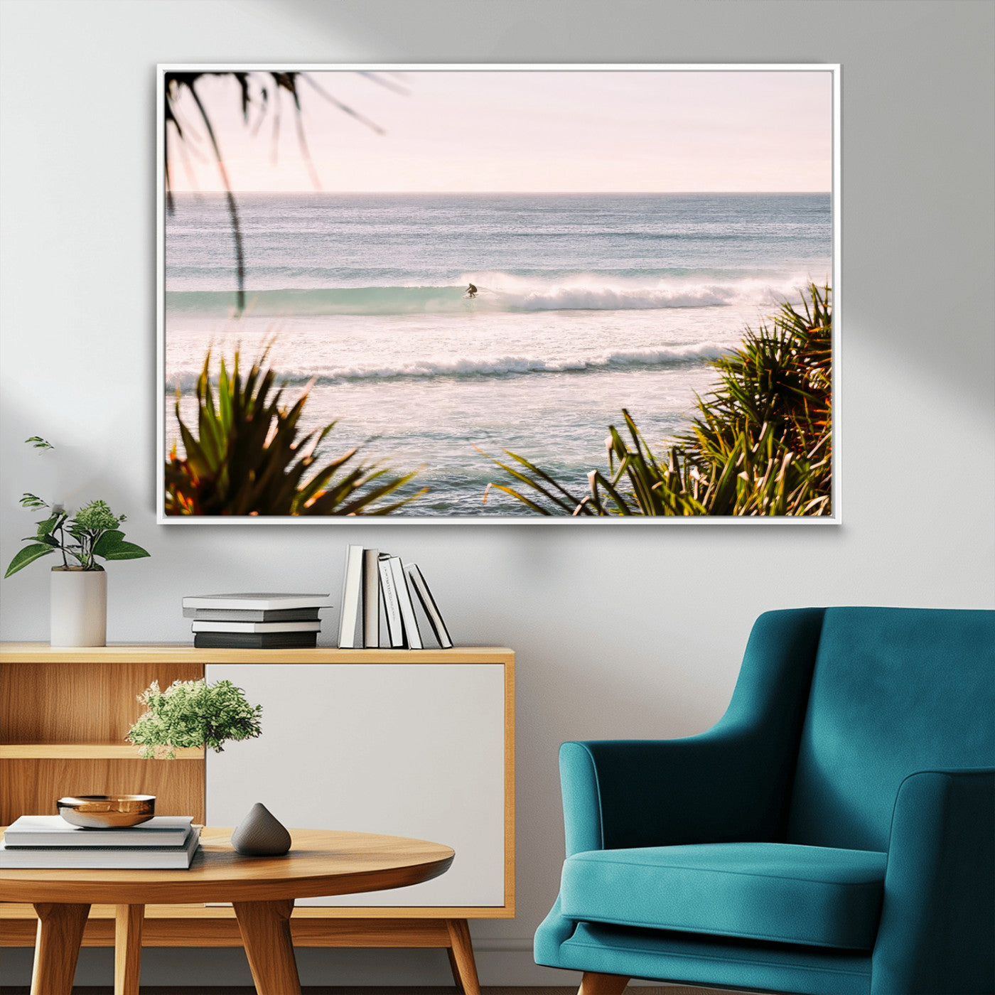Canvas of a lone surfer riding a pastel wave at sunrise, perfect for tropical or coastal-themed spaces with a relaxed, airy vibe.