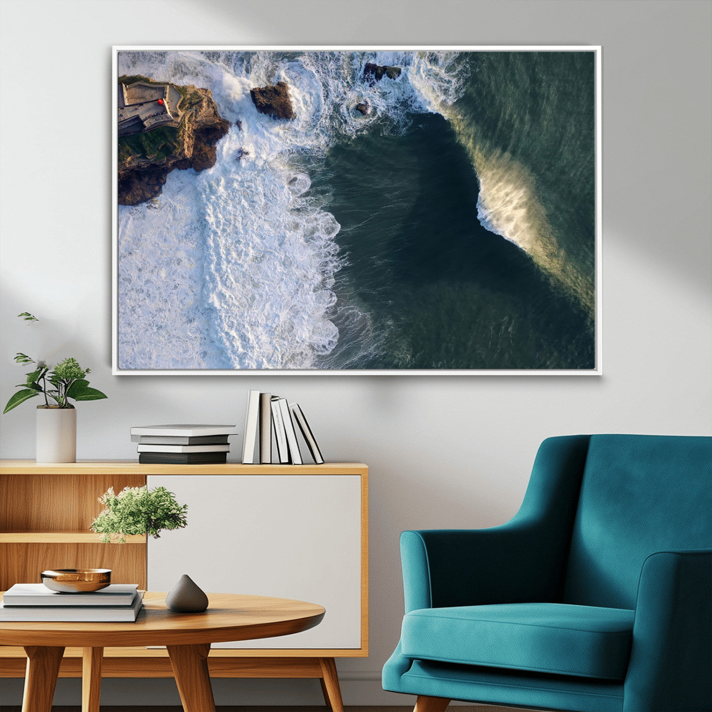 Canvas showing an aerial view of crashing waves along the Nazaré coastline, perfect for dramatic coastal or ocean-themed home decor.