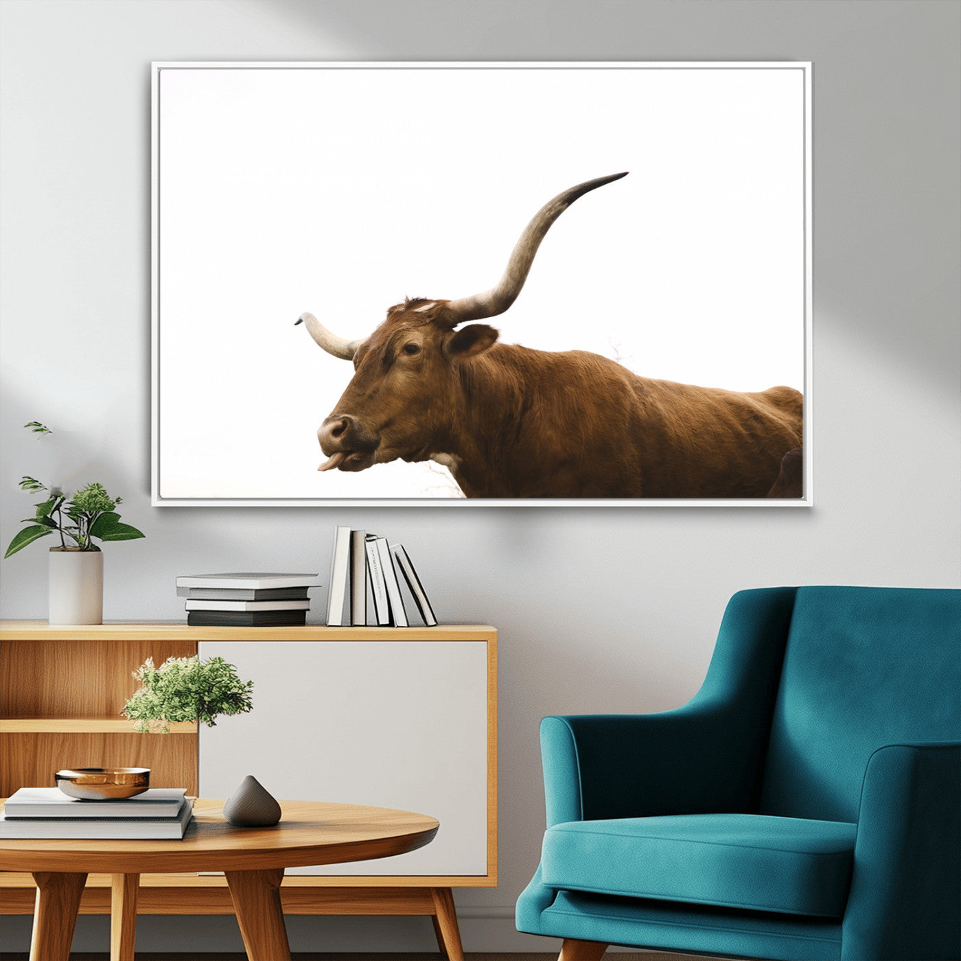Minimal photo of a longhorn cow with white background, ideal for rustic, western or farmhouse-style interior decor.