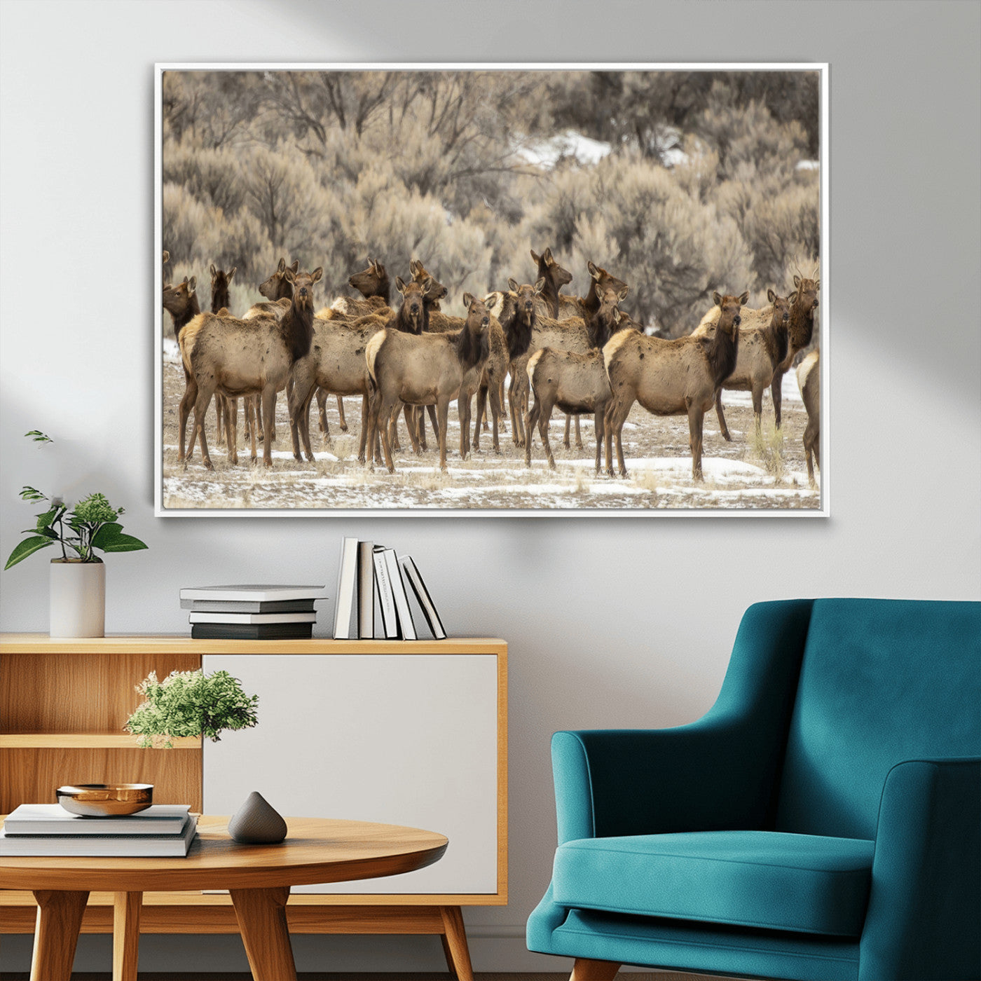 A large herd of elk standing in an open field with soft earthy tones, ideal for rustic lodge or western-themed home wall decor.