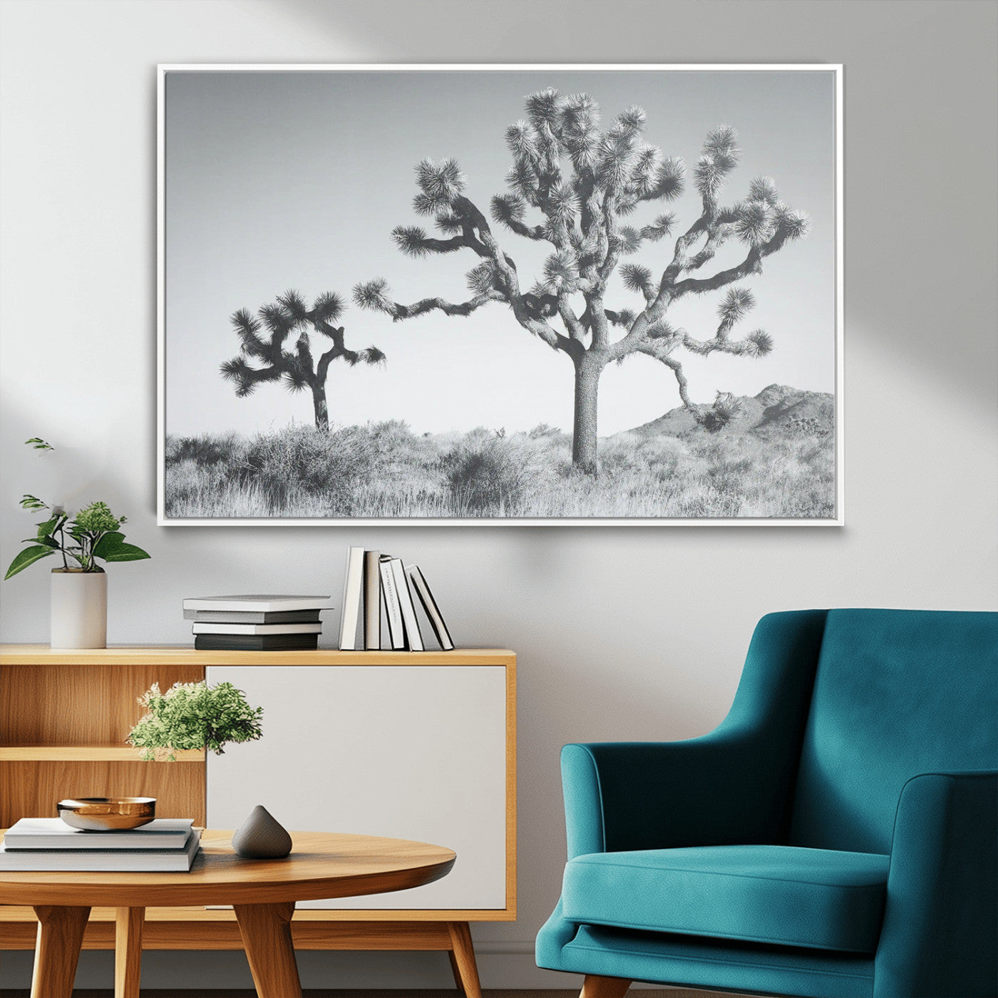 Black and white Joshua tree in a desert landscape with soft light and dry brush, perfect for rustic or minimalist home decor.