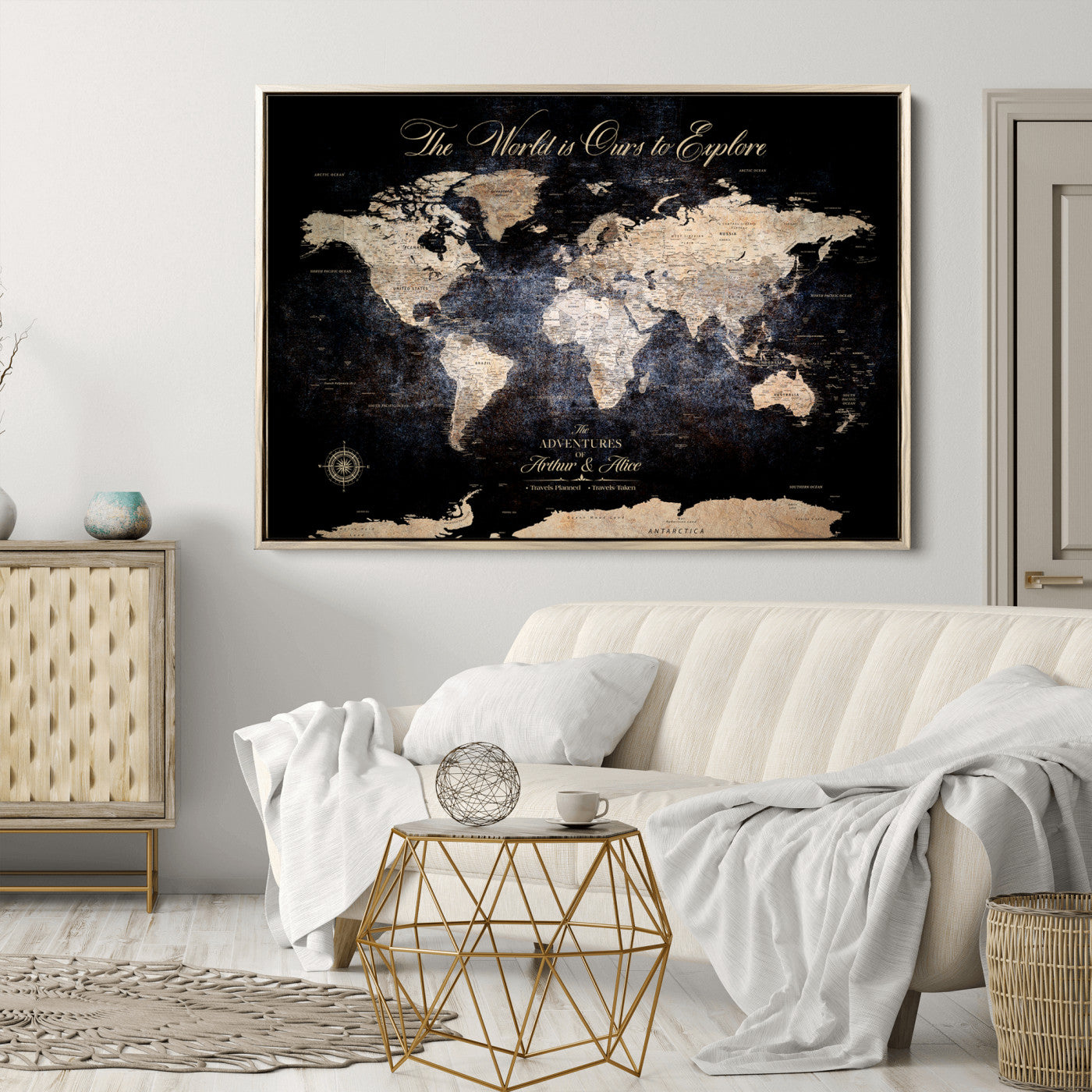 '-Customize Push Pin World Map Wall Canvas Print, Personalized Travel Tracker with Pins, Framed Large Canvas for Home Office Decor - H37