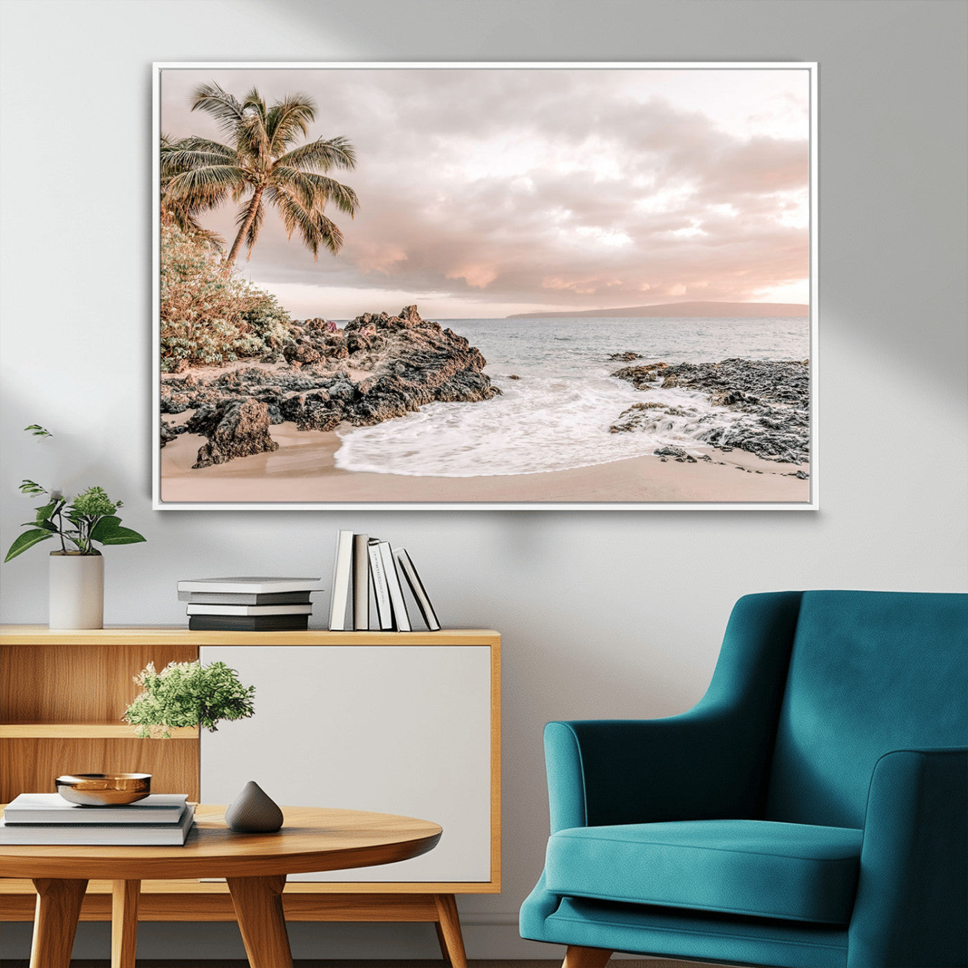 A peaceful beach scene with a palm tree and rocks, soft waves washing onto the shore under a soft pastel sky at sunset.