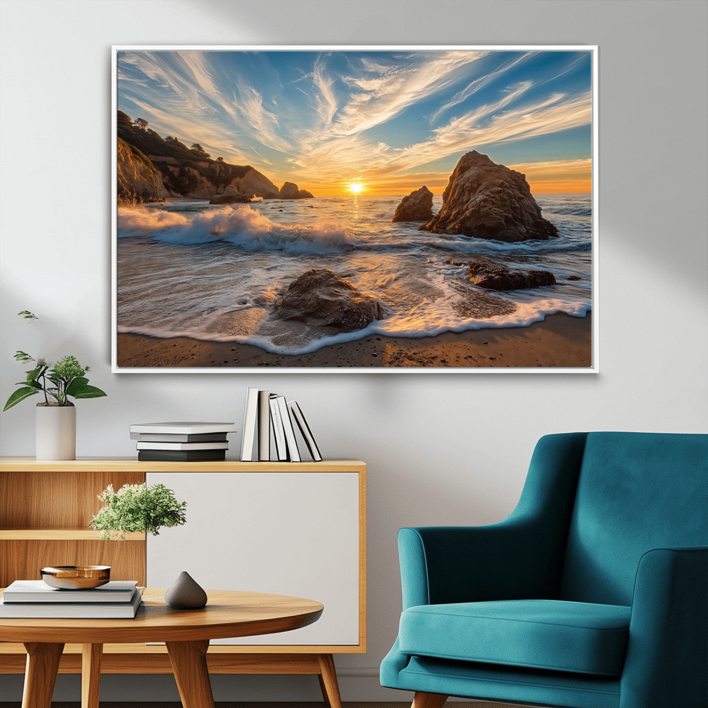 Rocky Ocean Sunset Wall Art Print, Seaside Canvas Wall Art, Dramatic Seascape Canvas Print for Coastal Modern Decor, Ocean Sunset Art Printing