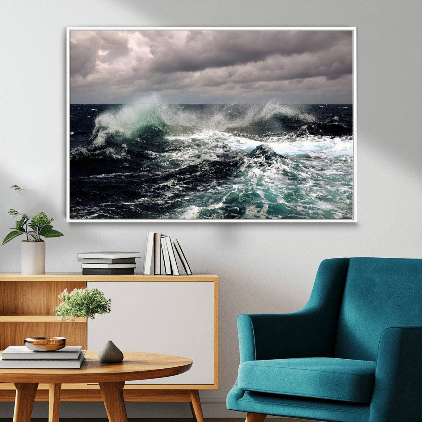 Powerful ocean waves crashing under stormy skies, creating a dynamic and intense seascape.