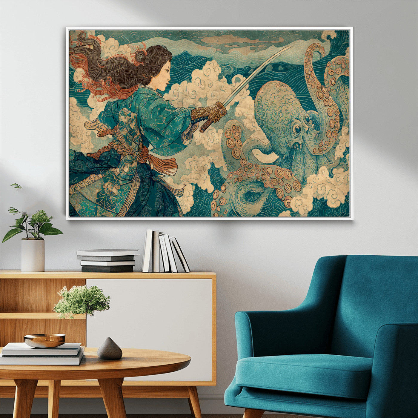Tsukioka Yoshitoshi Samurai Wall Art Print, Japanese Katana Warrior Canvas Wall Art, Octopus Sea Monster Canvas Print,