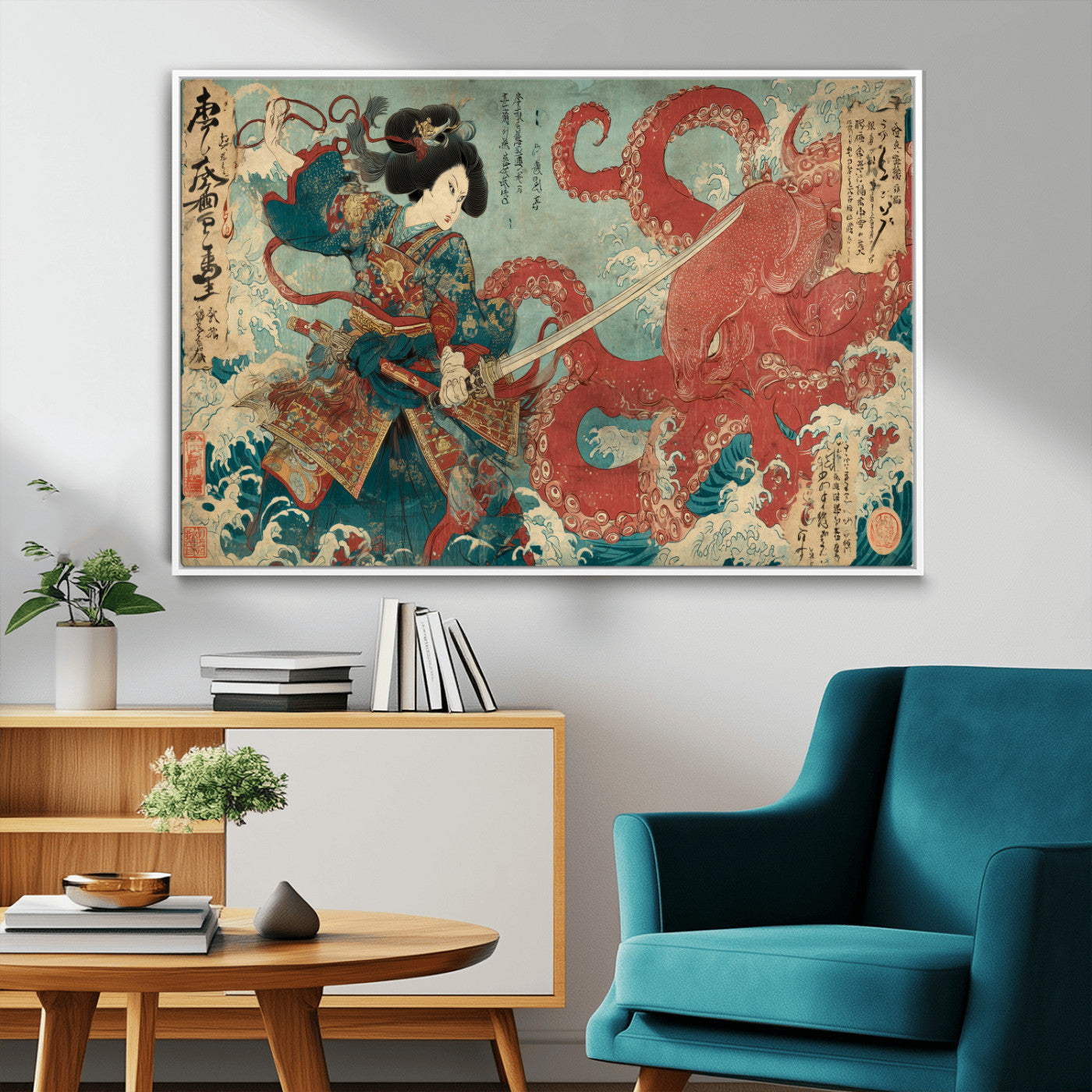 Tsukioka Yoshitoshi Samurai Wall Art Print, Japanese Katana Warrior Canvas Wall Art, Octopus Sea Monster Canvas Print,