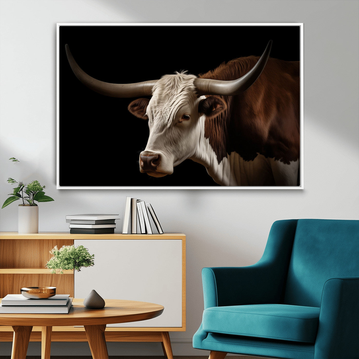 "Close-up of a brown and white longhorn cow with prominent curved horns against a black background."