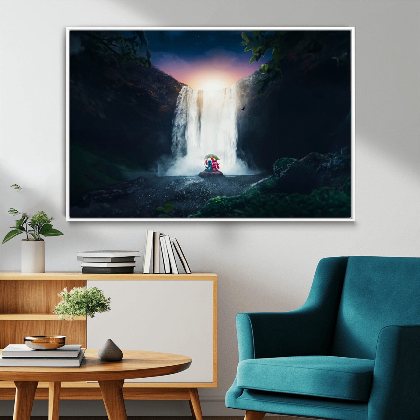 Romantic scene of Stitch and Angel sitting under a leaf in front of a glowing waterfall, ideal for tropical or fantasy-themed decor.