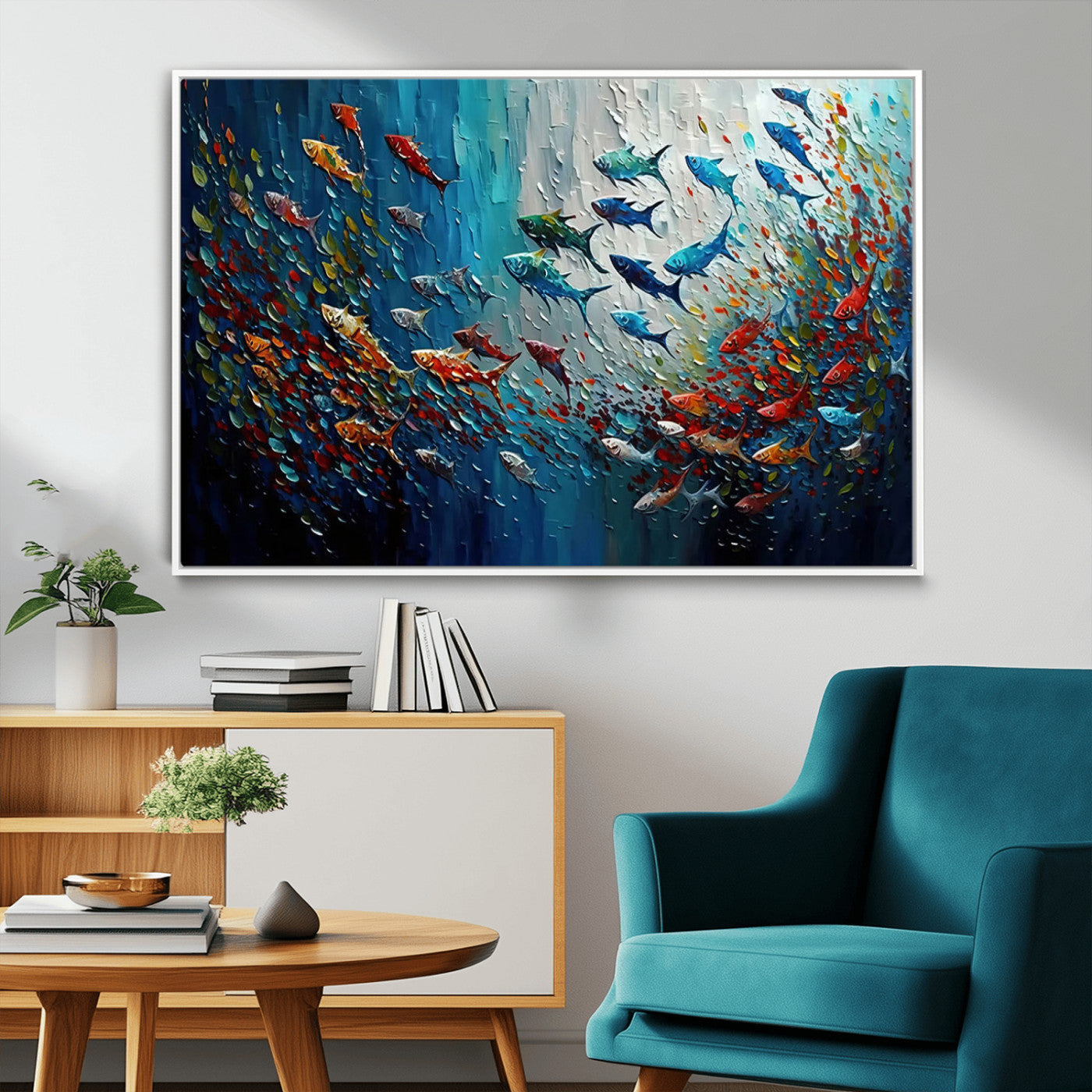 Colorful painting of fish swimming in abstract ocean swirls, perfect for vibrant marine-themed or expressive coastal home decor.