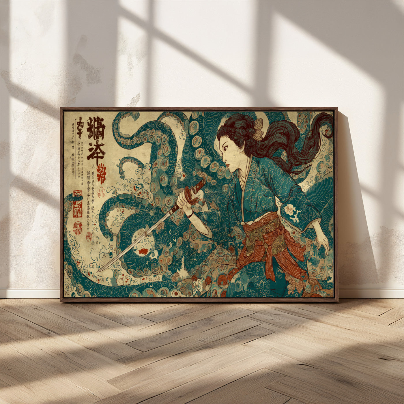 Tsukioka Yoshitoshi Samurai Wall Art Print, Japanese Katana Warrior Canvas Wall Art, Octopus Sea Monster Canvas Print,