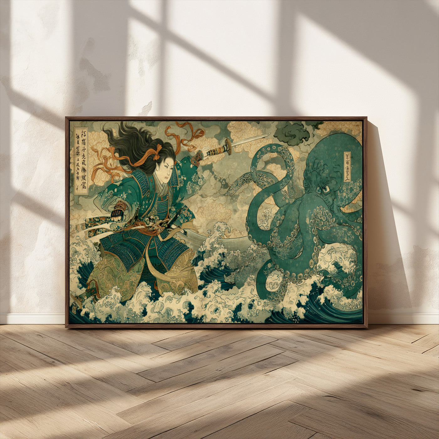 Tsukioka Yoshitoshi Samurai Wall Art Print, Japanese Katana Warrior Canvas Wall Art, Octopus Sea Monster Canvas Print,