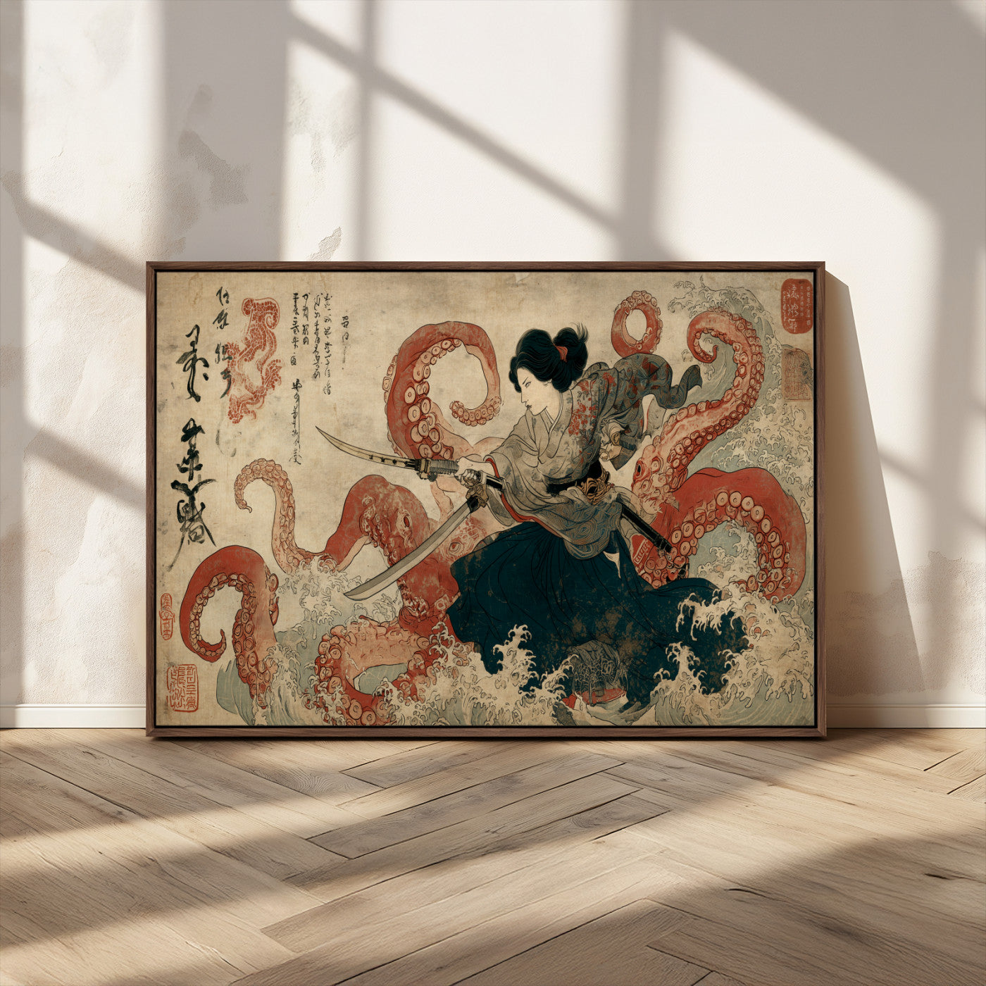 Tsukioka Yoshitoshi Samurai Wall Art Print, Japanese Katana Warrior Canvas Wall Art, Octopus Sea Monster Canvas Print,