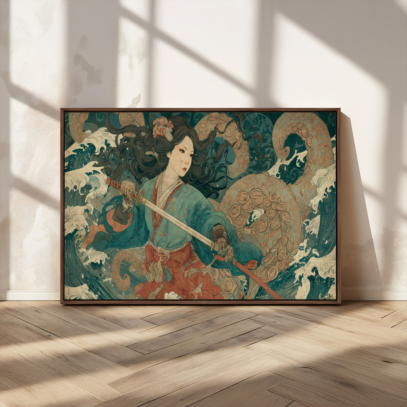 Tsukioka Yoshitoshi Samurai Wall Art Print, Japanese Katana Warrior Canvas Wall Art, Octopus Sea Monster Canvas Print,