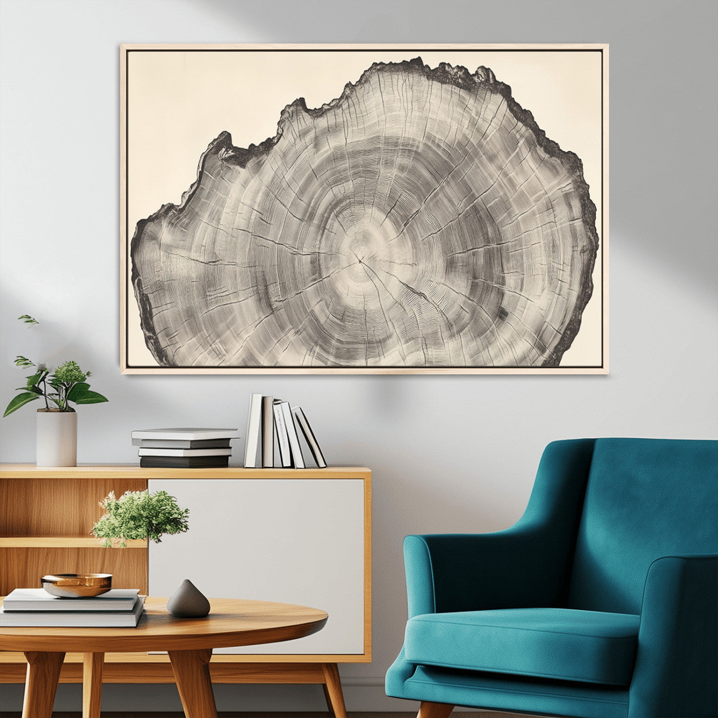 Detailed tree ring drawing in monochrome tones, ideal for rustic or nature-inspired interiors with a minimal decor aesthetic.