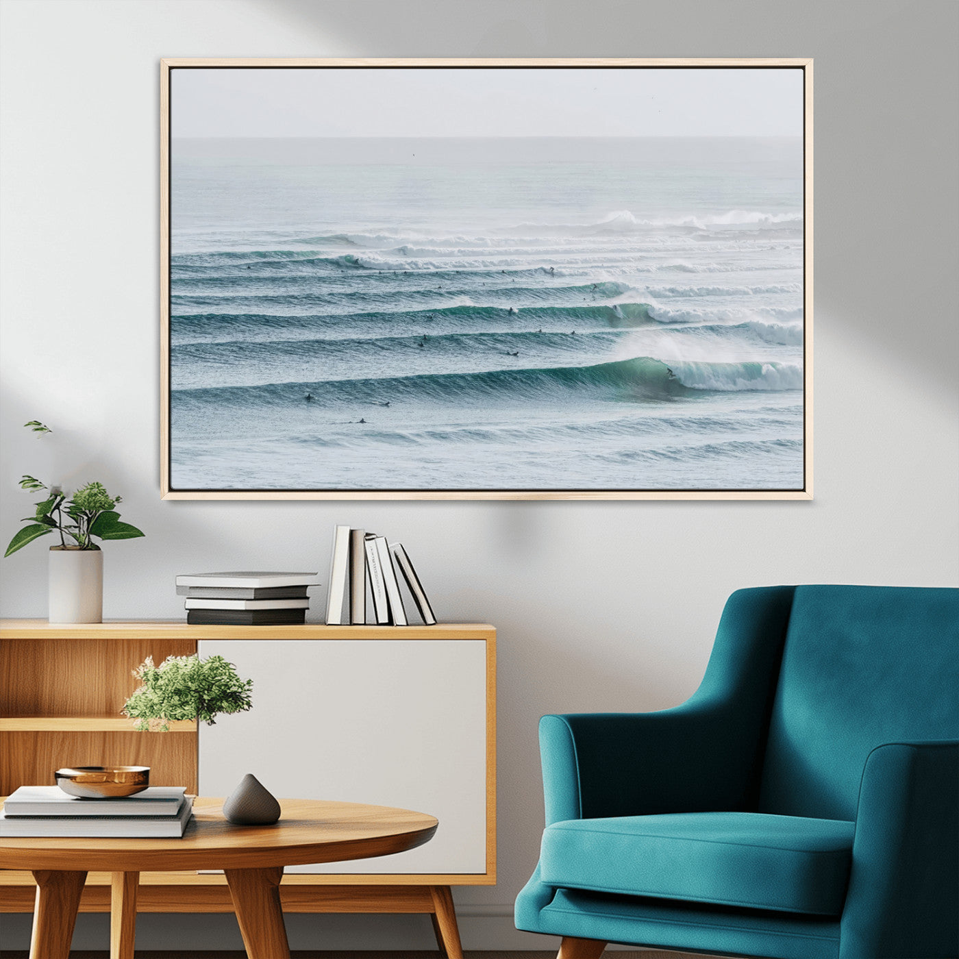 High-angle view of surfers lining up across layered ocean waves, ideal for minimal coastal or surf-inspired room decor.