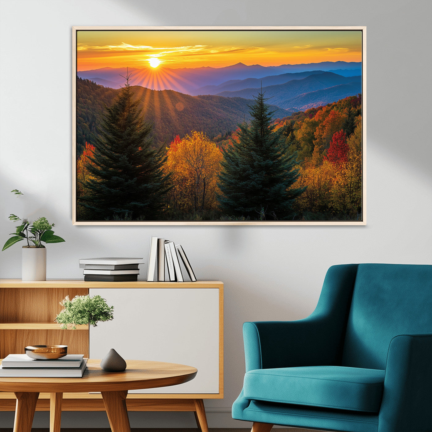 Vibrant sunset over autumn mountains with colorful trees and warm light, ideal for nature lovers or cabin-style wall decor.