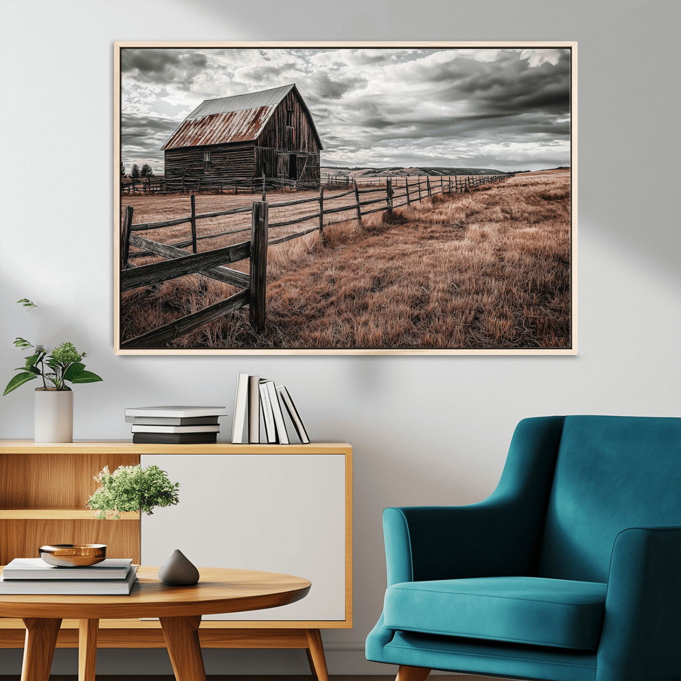 Framed canvas of a rustic barn under a moody sky with weathered fence and dark fields, ideal for farmhouse or rural-style wall decor.