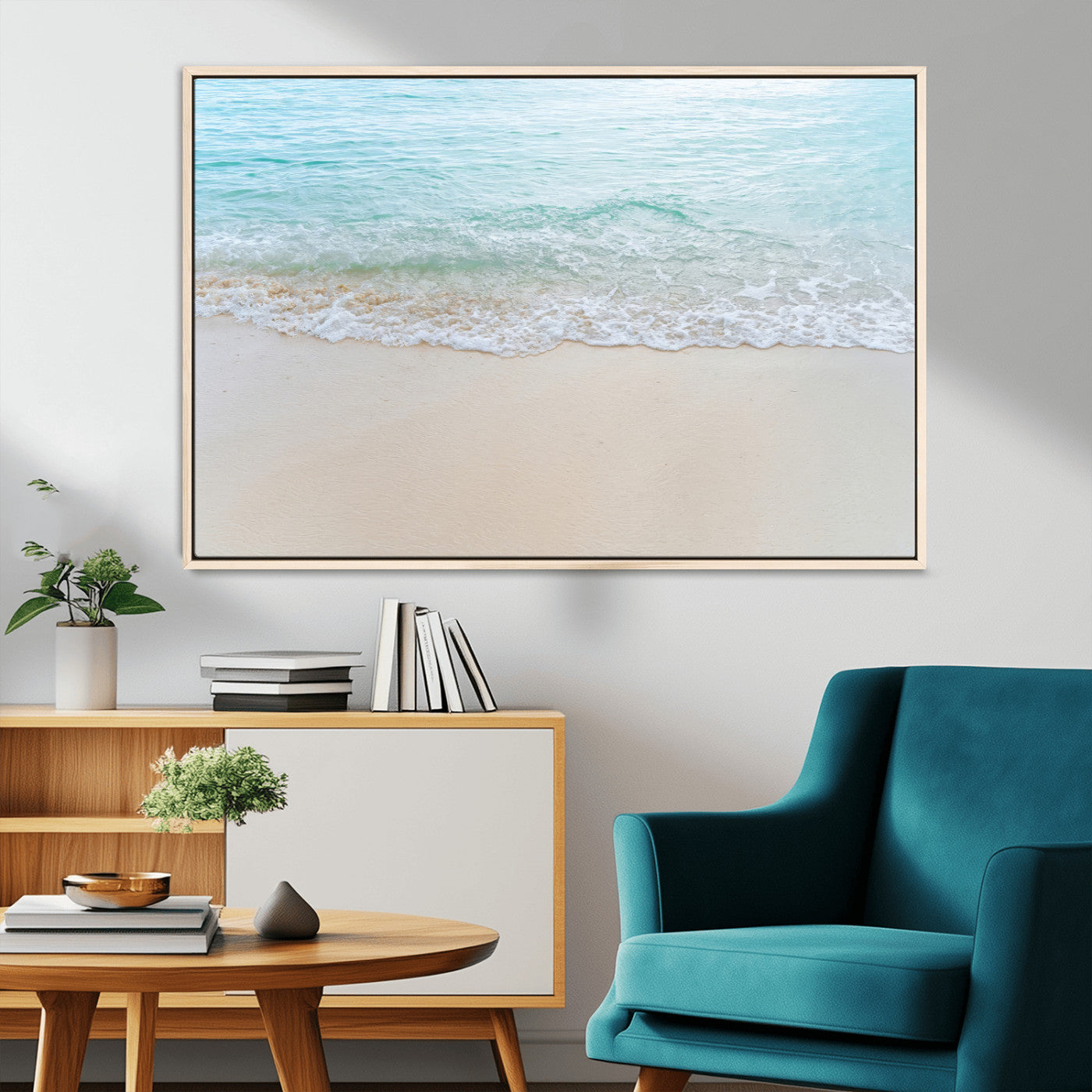Soft shoreline with gentle aqua waves on smooth sand, ideal for minimalist coastal or pastel ocean-inspired home wall decor.
