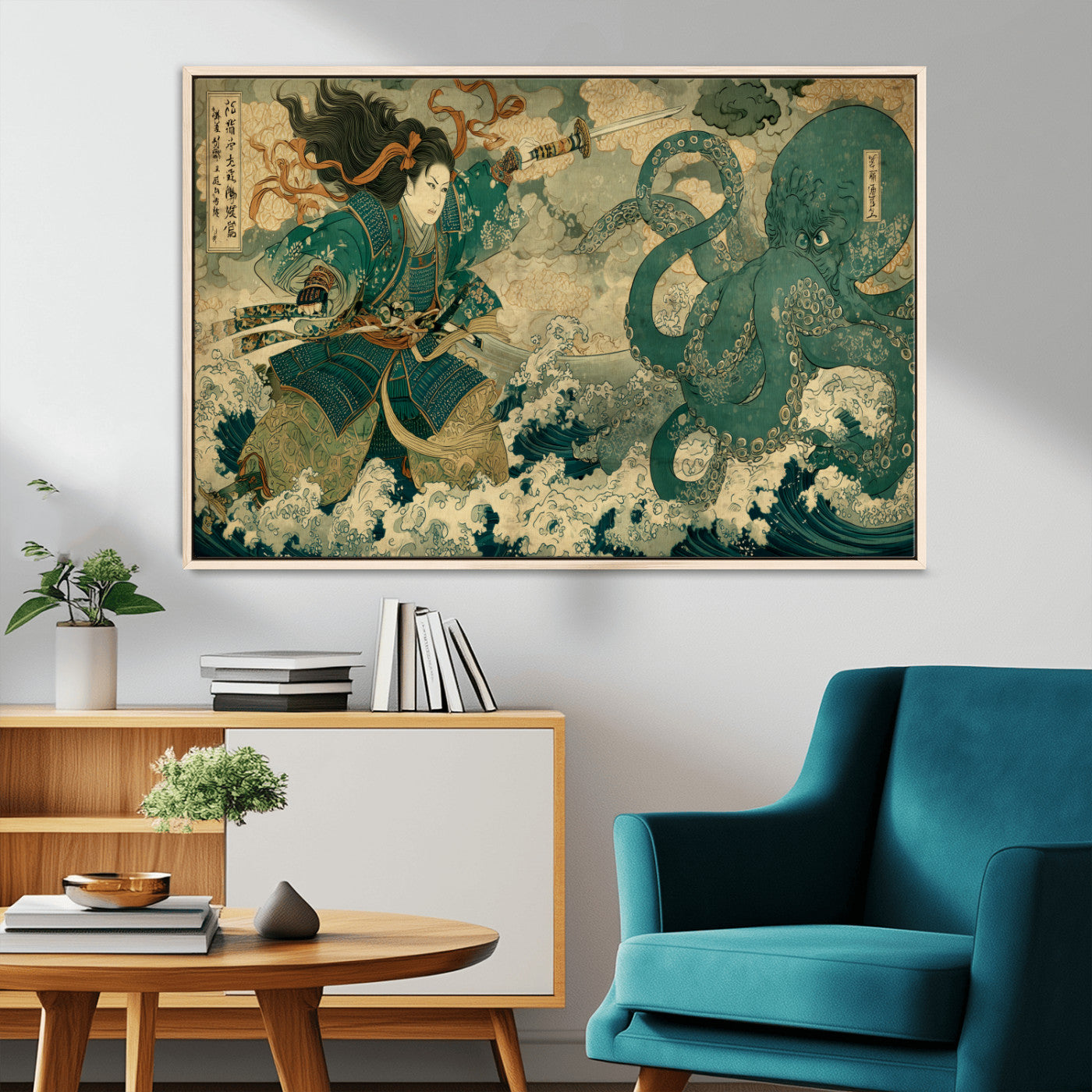 Tsukioka Yoshitoshi Samurai Wall Art Print, Japanese Katana Warrior Canvas Wall Art, Octopus Sea Monster Canvas Print,