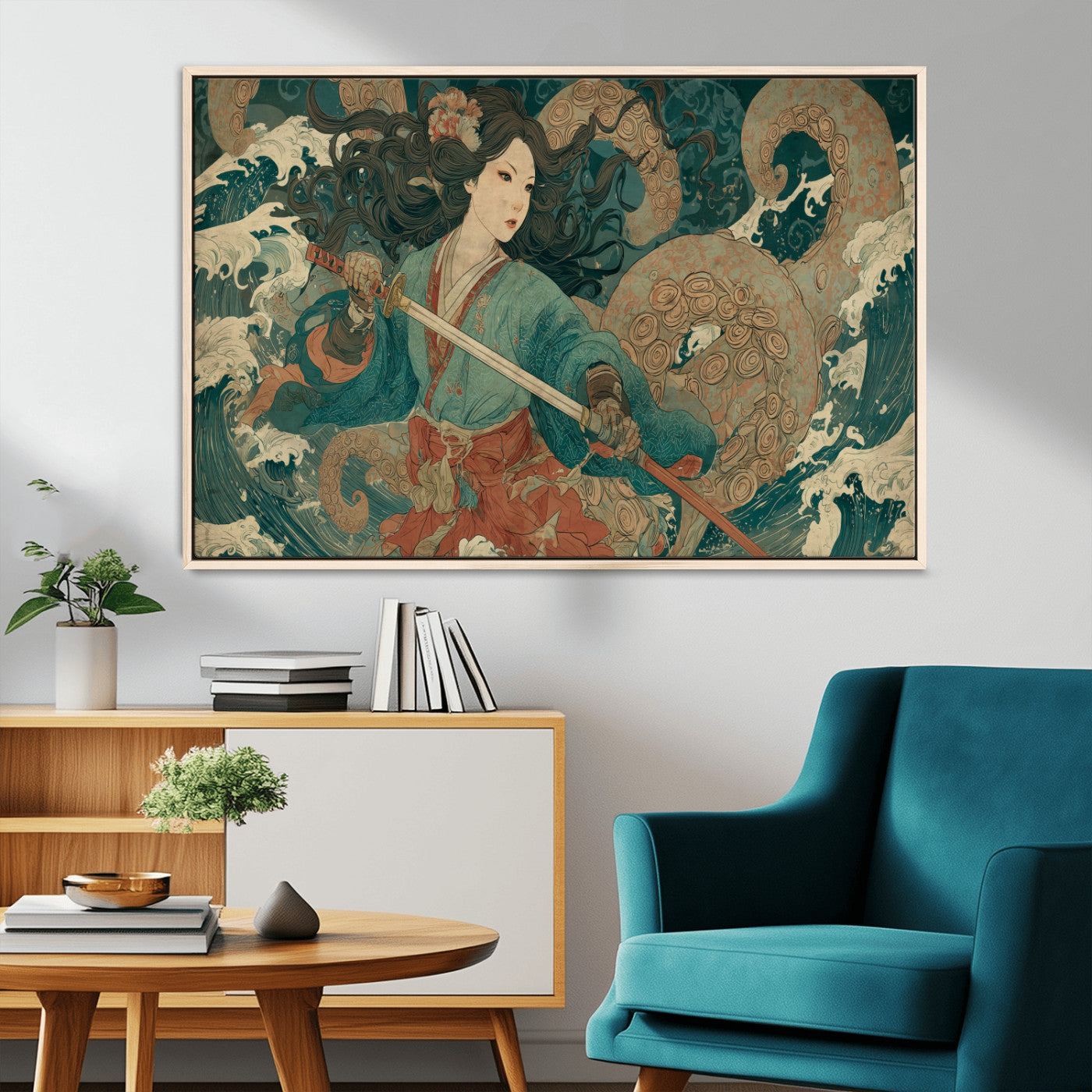 Tsukioka Yoshitoshi Samurai Wall Art Print, Japanese Katana Warrior Canvas Wall Art, Octopus Sea Monster Canvas Print,