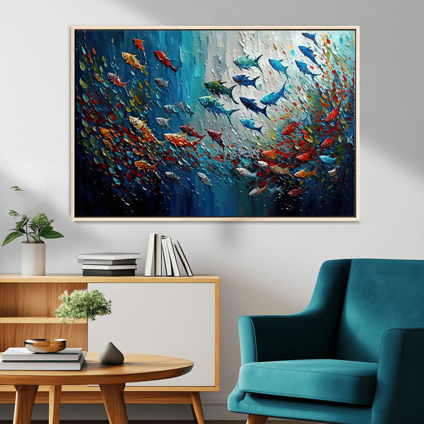 Colorful painting of fish swimming in abstract ocean swirls, perfect for vibrant marine-themed or expressive coastal home decor.