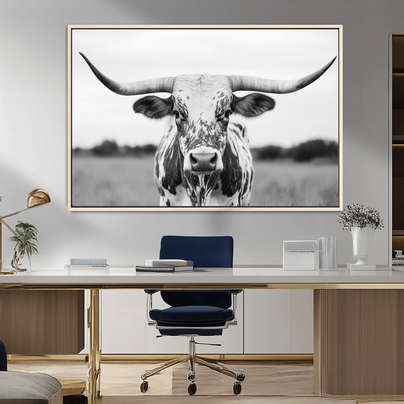 Capture the strength and elegance of nature with this striking black and white portrait of a longhorn cow. Its powerful presence makes a bold statement in any room.