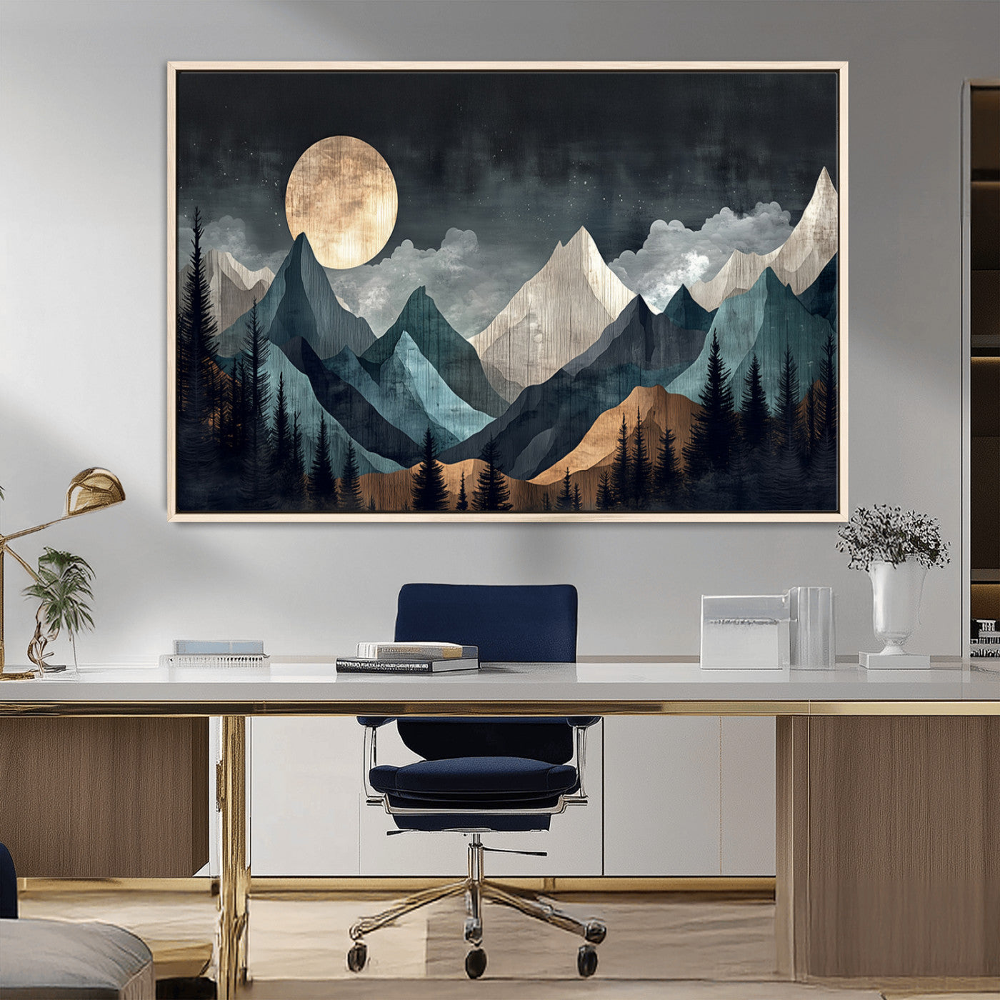 Stylized canvas of layered mountains under a full moon in neutral moody tones, ideal for nature-inspired or modern rustic interiors.