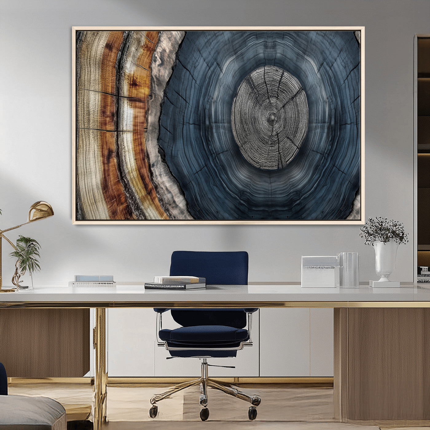 A stunning close-up of a tree trunk showing the intricate, circular growth rings, showcasing the natural textures and rich contrasts in deep blues, browns, and silvers.