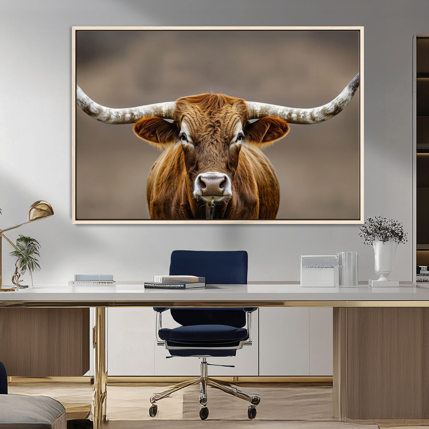 Close-up of a Texas Longhorn with strong curved horns and warm brown tones, perfect for rustic or western-style wall decor.