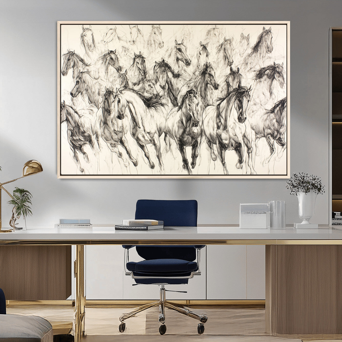Monochrome ink sketch of galloping horses in dynamic motion, perfect for western or equine-themed wall decor with bold artistic energy.