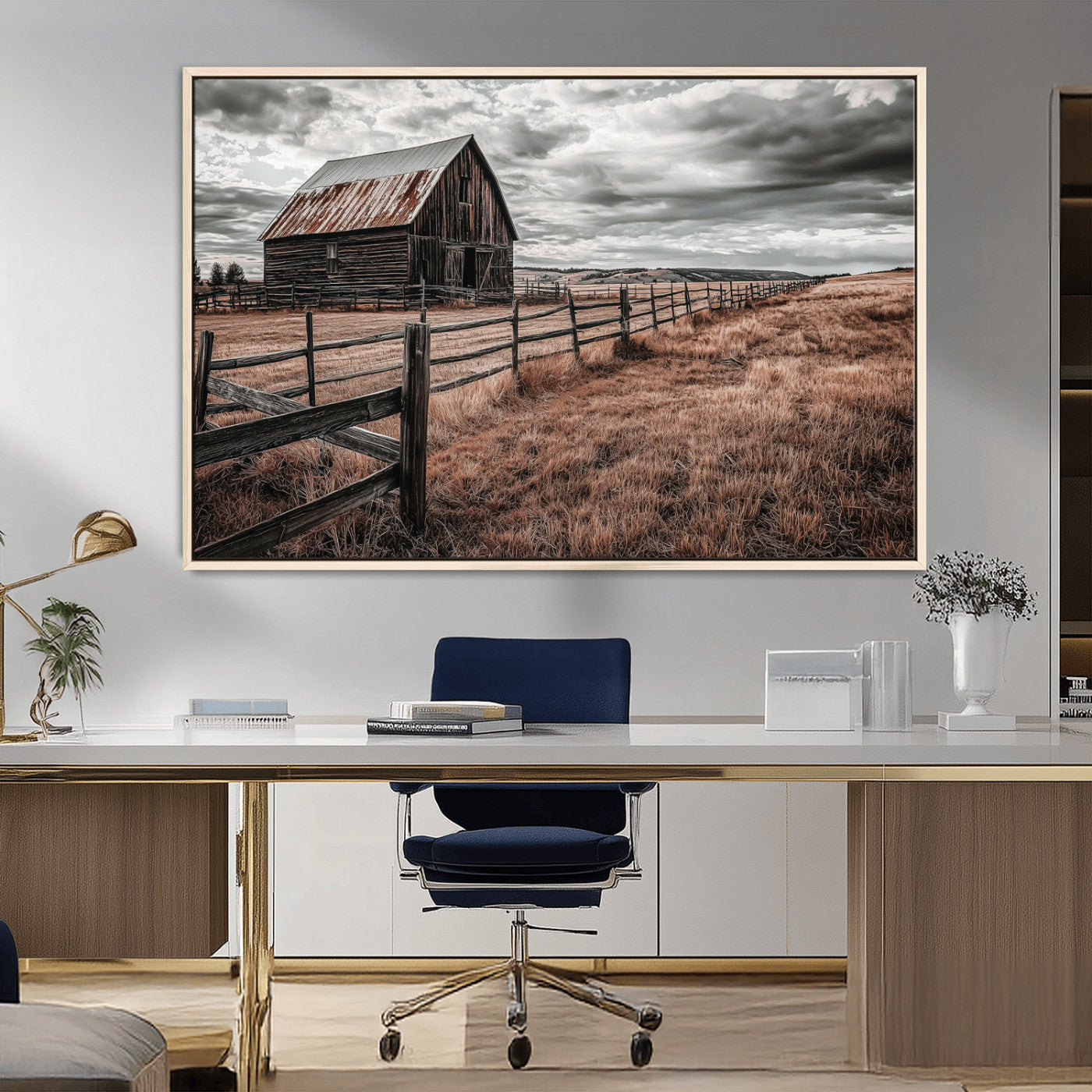 Framed canvas of a rustic barn under a moody sky with weathered fence and dark fields, ideal for farmhouse or rural-style wall decor.