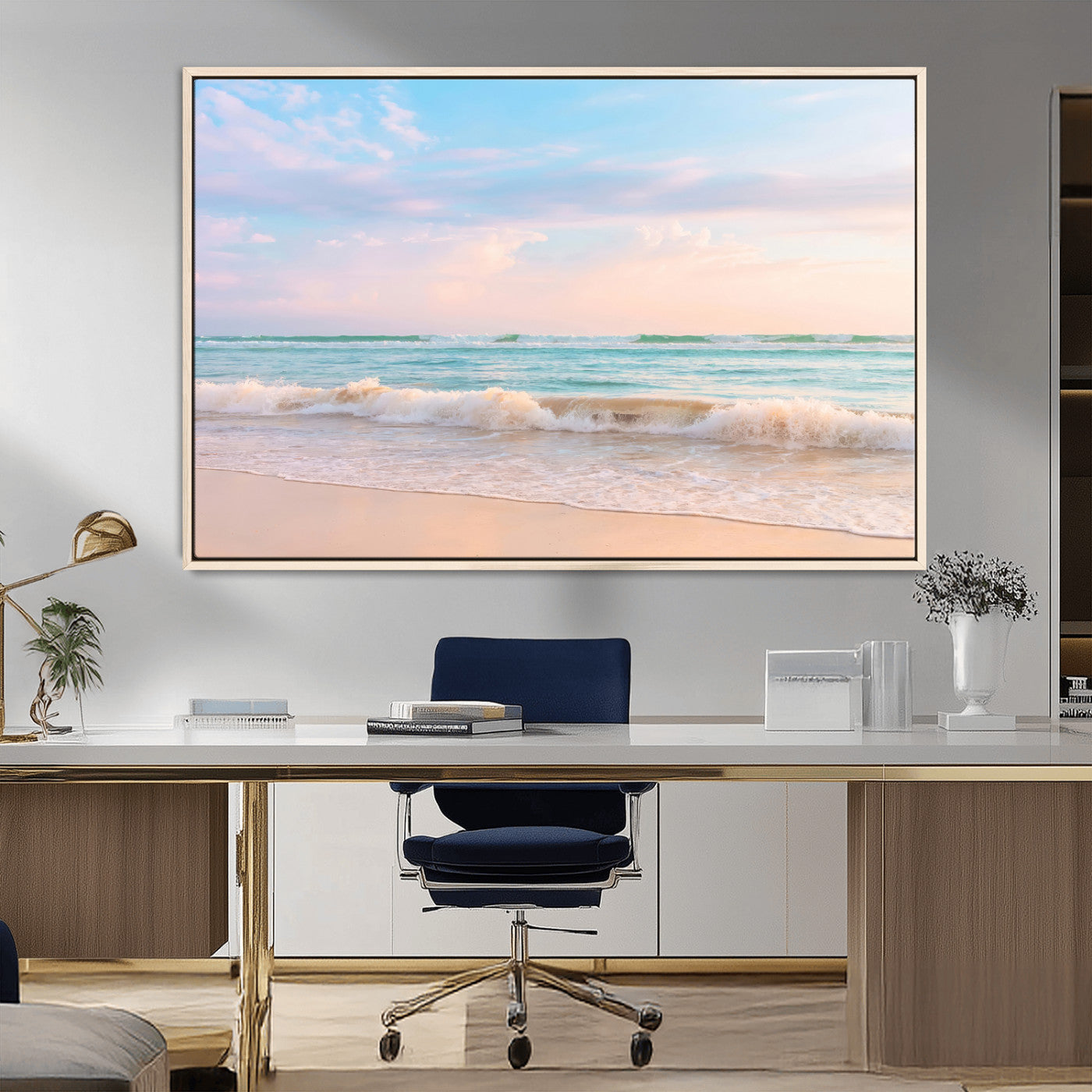 Pastel-toned ocean waves under soft sunset skies, ideal for pastel coastal or serene beach-style home decor.