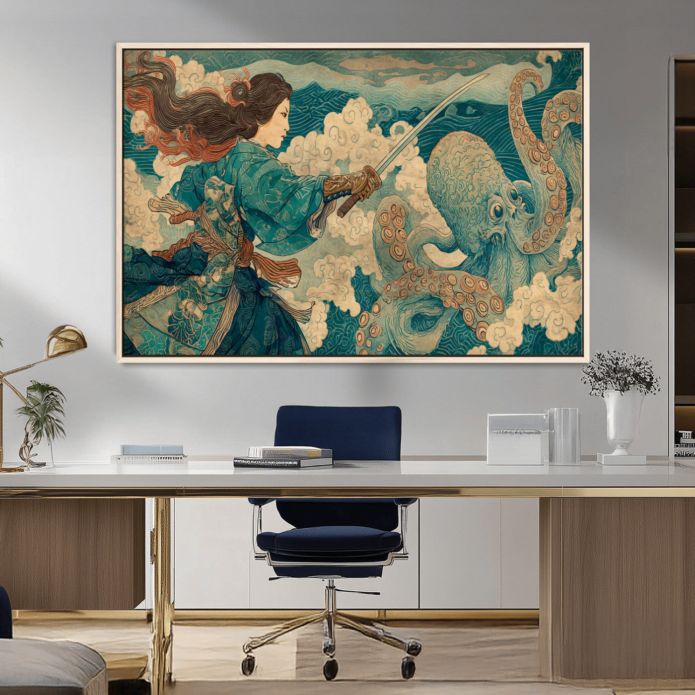 Tsukioka Yoshitoshi Samurai Wall Art Print, Japanese Katana Warrior Canvas Wall Art, Octopus Sea Monster Canvas Print,