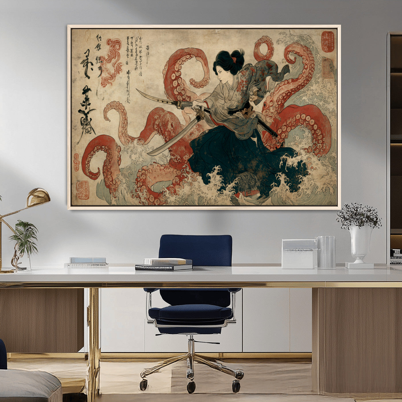 Tsukioka Yoshitoshi Samurai Wall Art Print, Japanese Katana Warrior Canvas Wall Art, Octopus Sea Monster Canvas Print,