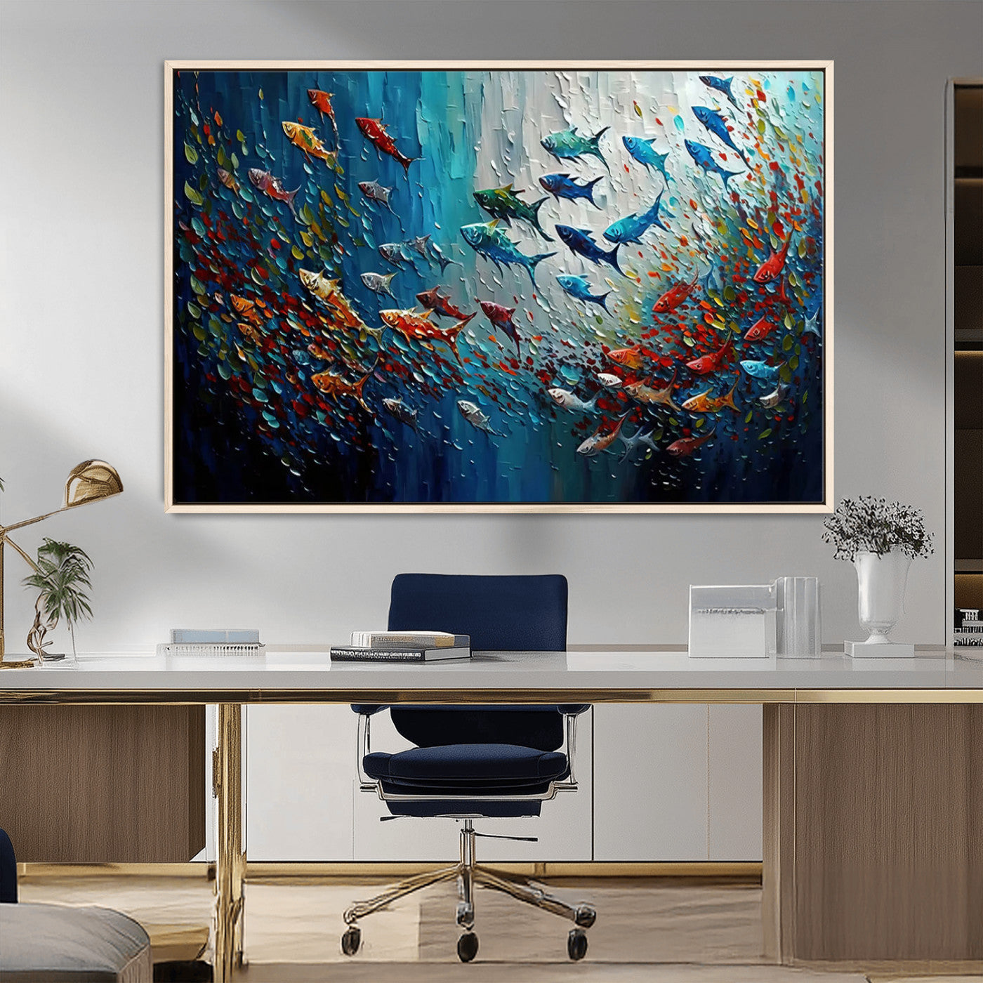 Colorful painting of fish swimming in abstract ocean swirls, perfect for vibrant marine-themed or expressive coastal home decor.