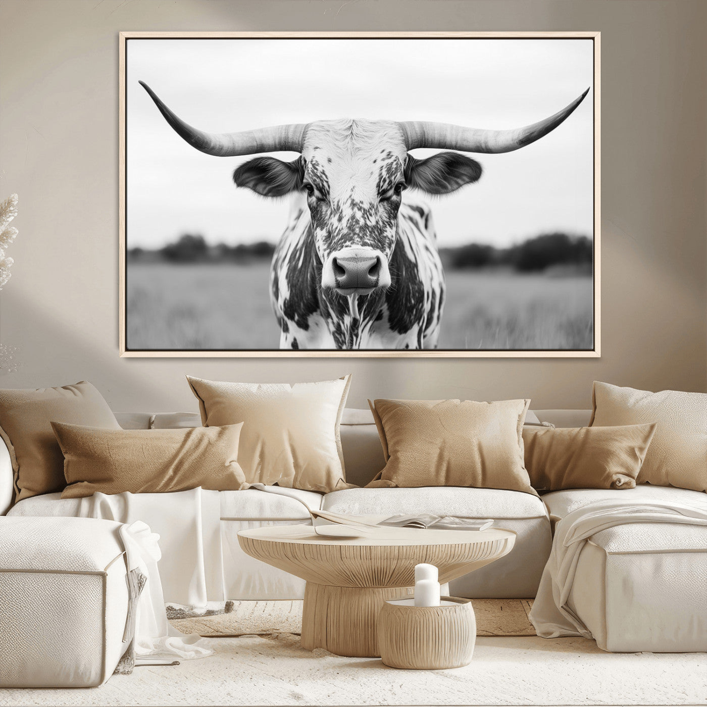 Capture the strength and elegance of nature with this striking black and white portrait of a longhorn cow. Its powerful presence makes a bold statement in any room.