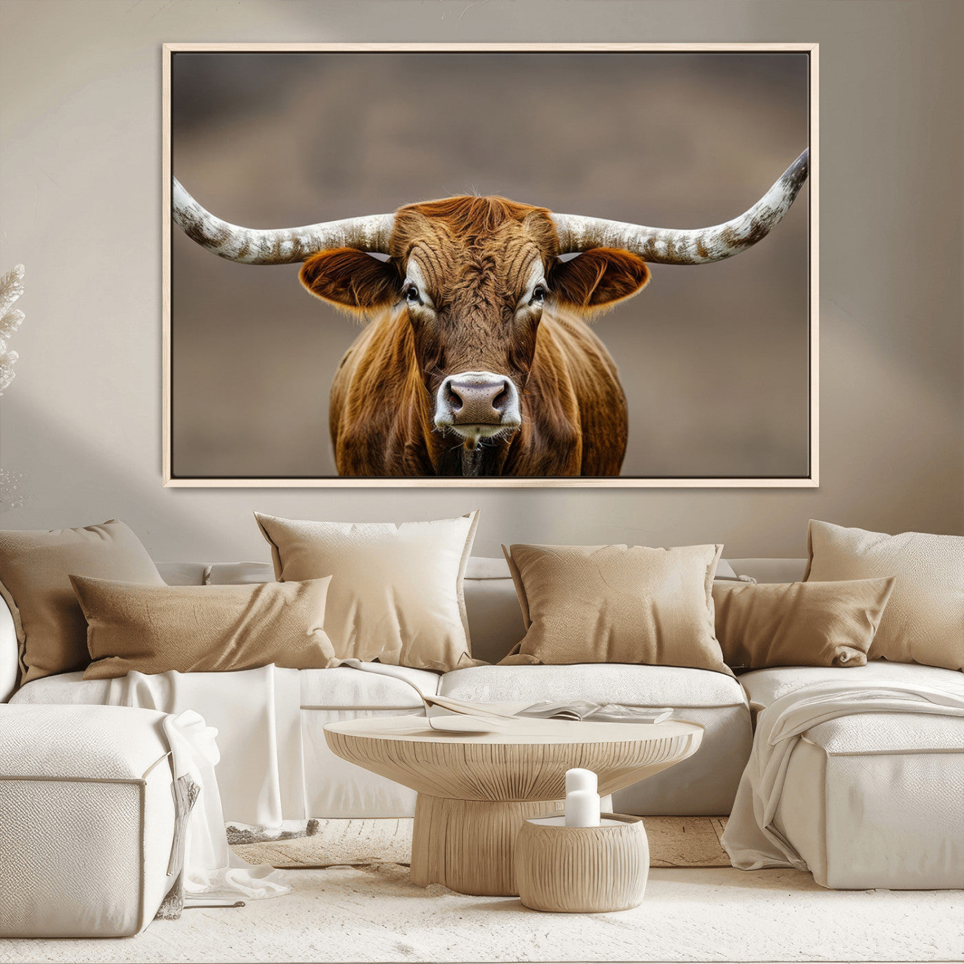 Close-up of a Texas Longhorn with strong curved horns and warm brown tones, perfect for rustic or western-style wall decor.