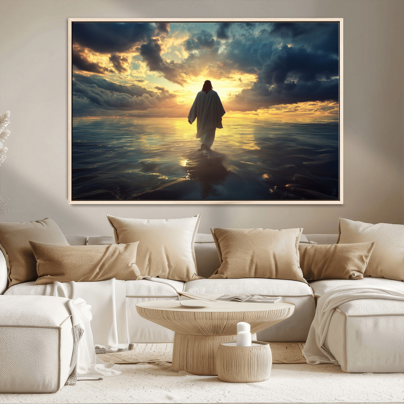 Spiritual artwork of Jesus walking on water at golden hour with divine light, ideal for Christian home decor or prayer room.