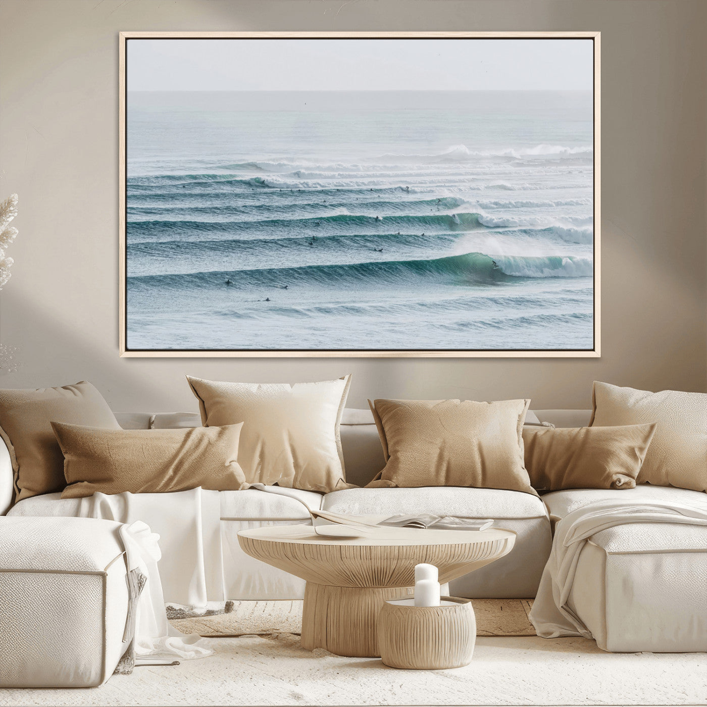 High-angle view of surfers lining up across layered ocean waves, ideal for minimal coastal or surf-inspired room decor.