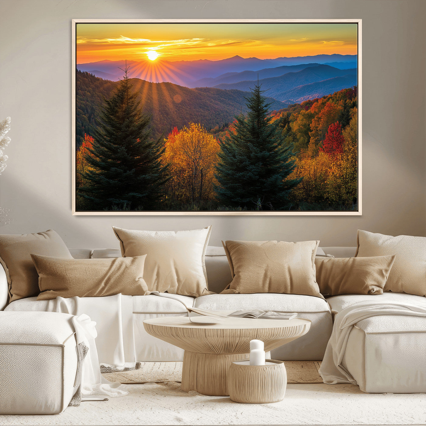 Vibrant sunset over autumn mountains with colorful trees and warm light, ideal for nature lovers or cabin-style wall decor.